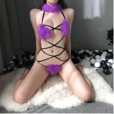 Halter Neck Bodysuit With Strap Cross Purple