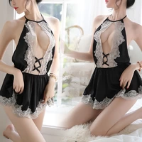 Sexy Halter Keyhole Lace Lingerie Set Sleepwear Black