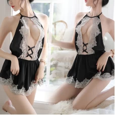 Sexy Halter Keyhole Lace Lingerie Set Sleepwear Black