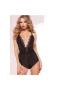 Halter Neck Bodysuit Eyelashes Lace Babydoll With Deep V-Neck Black