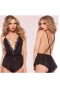 Halter Neck Bodysuit Eyelashes Lace Babydoll With Deep V-Neck Black