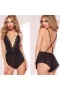 Halter Neck Bodysuit Eyelashes Lace Babydoll With Deep V-Neck Black