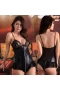 Woman's V-Neck Patent Leather Zipper Thong Bodysuit