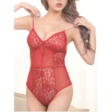 Women's Sexy V Neck Hollow-Out Lace Bodysuit Lingerie Sleeveless Clubwear Red